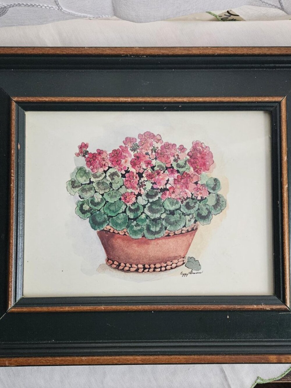 Vintage Water Color Lithograph Pink Geraniums by Artist Peggy Abrams, Framed